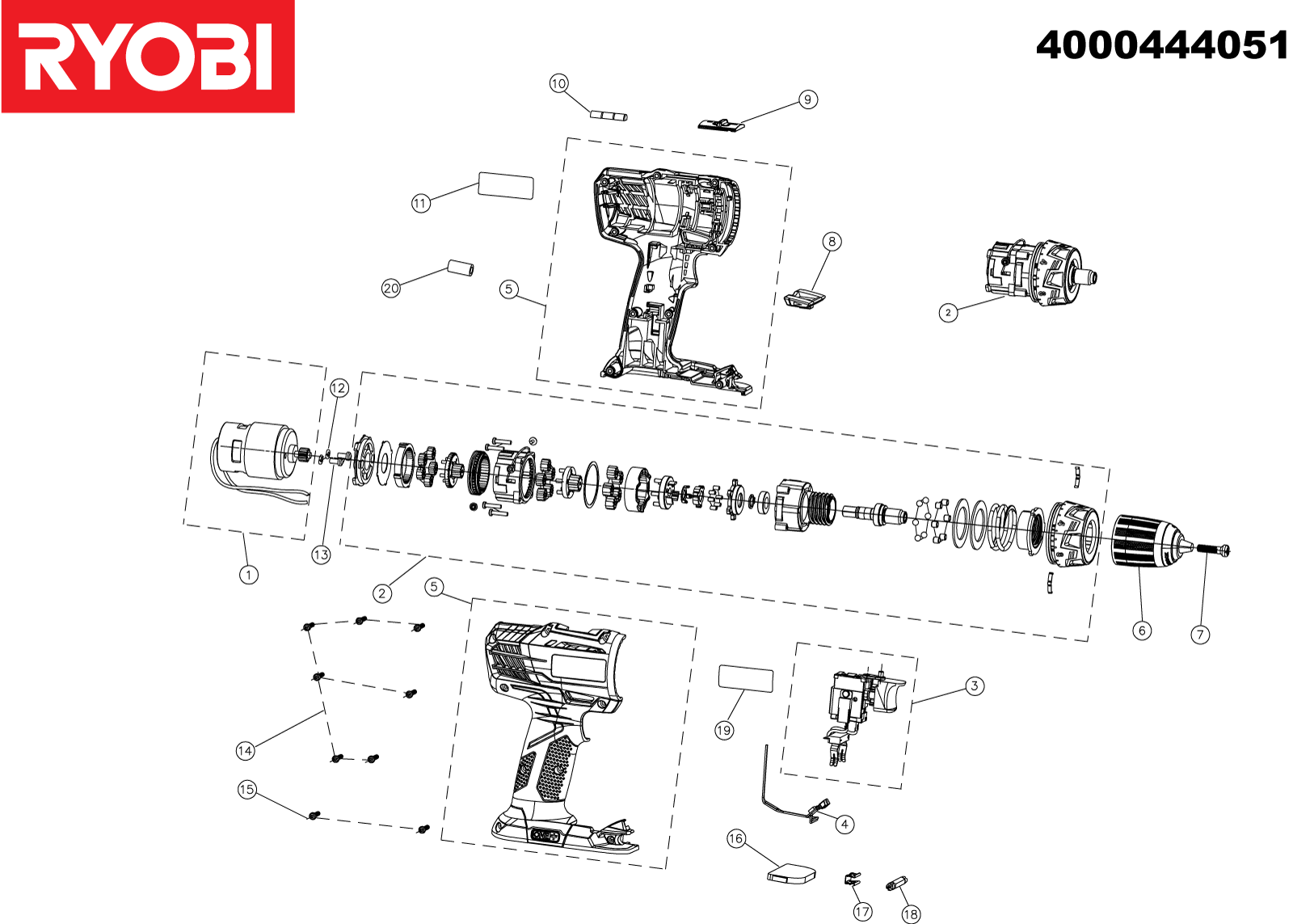 Vue éclatée Ryobi RCD18022A100 4000444051#01