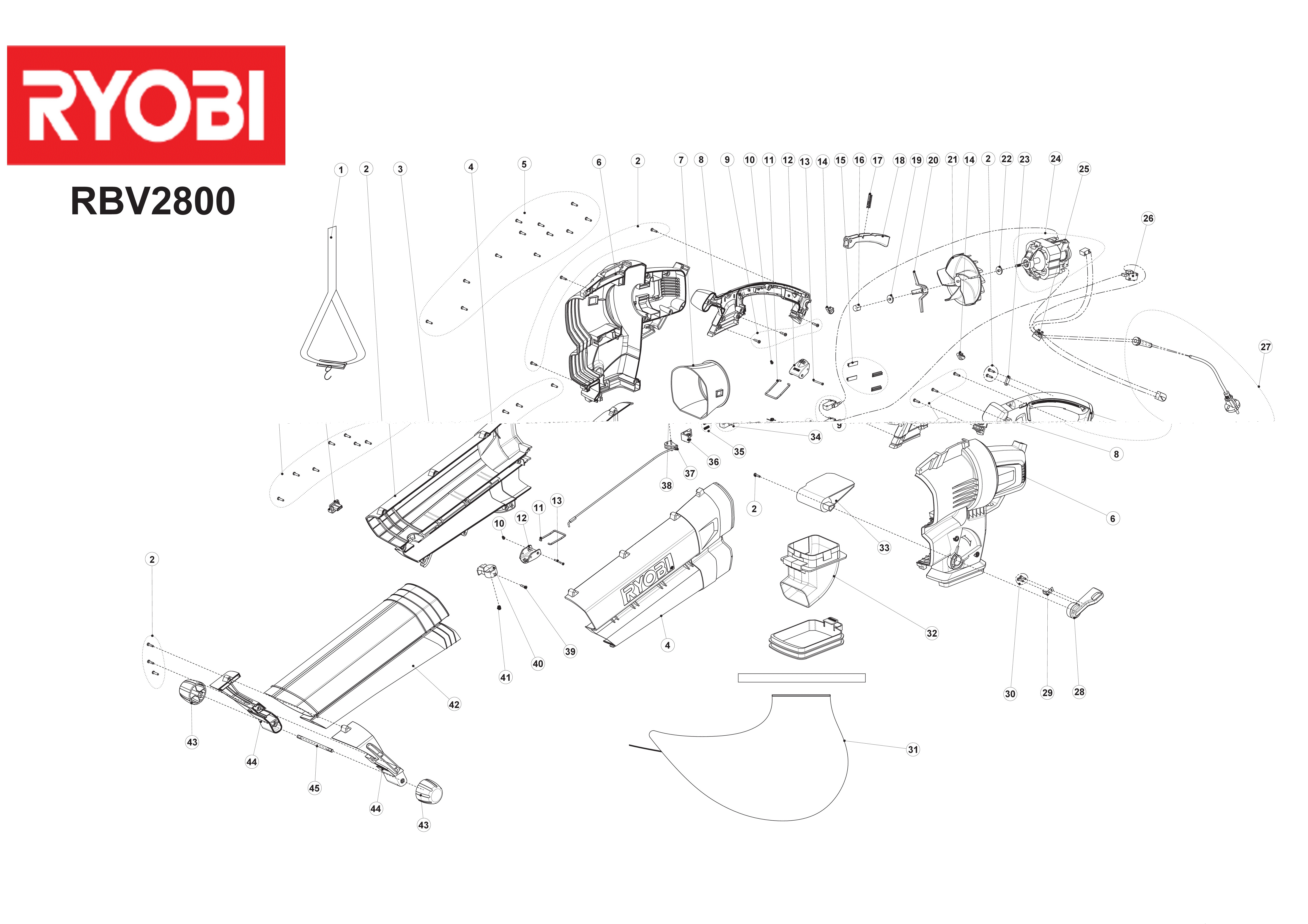 Vue éclatée Ryobi RBV2800S 5133001222#1#01