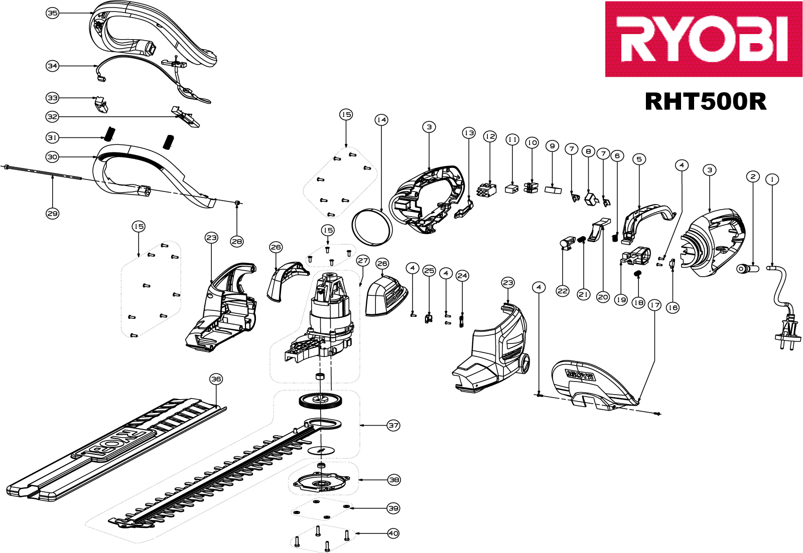 Vue éclatée Ryobi RHT500R 5133001229#1#01