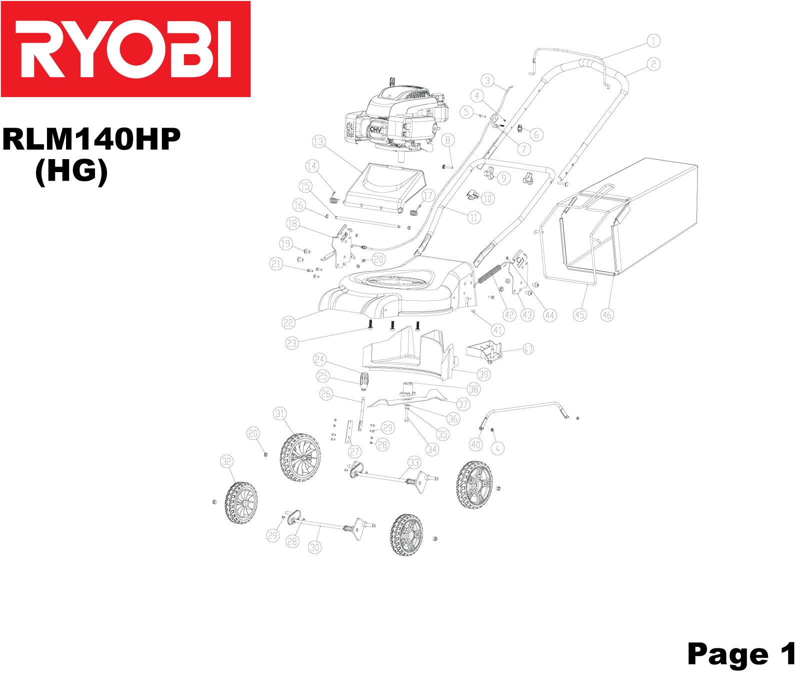 Vue éclatée Ryobi RLM140HP 5133001727#1#01
