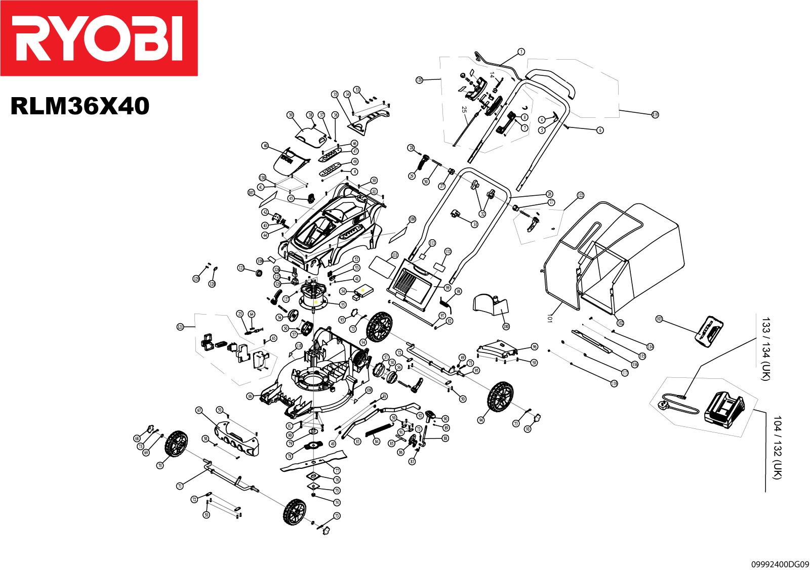 Vue éclatée Ryobi RLM36X40 099700005#01
