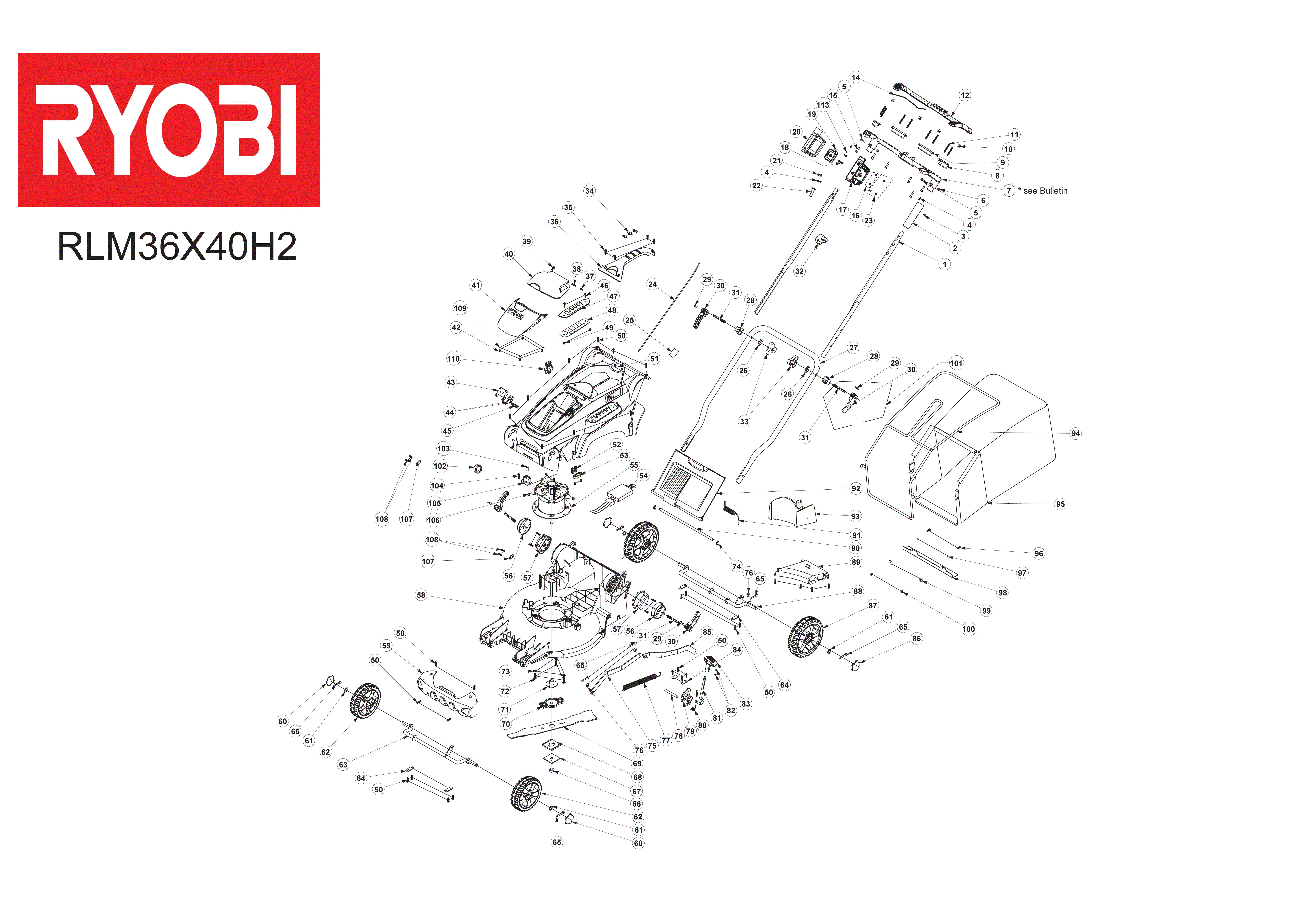 Vue éclatée Ryobi RLM36X40H2 099700007#01