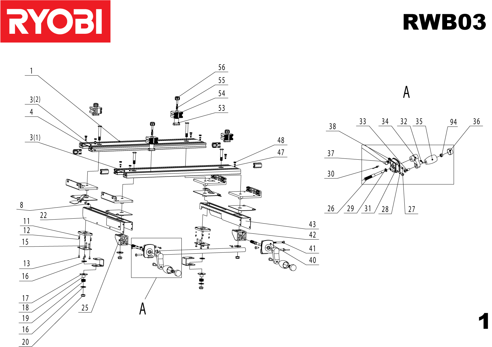 Vue éclatée Ryobi RWB03 4000462285#01