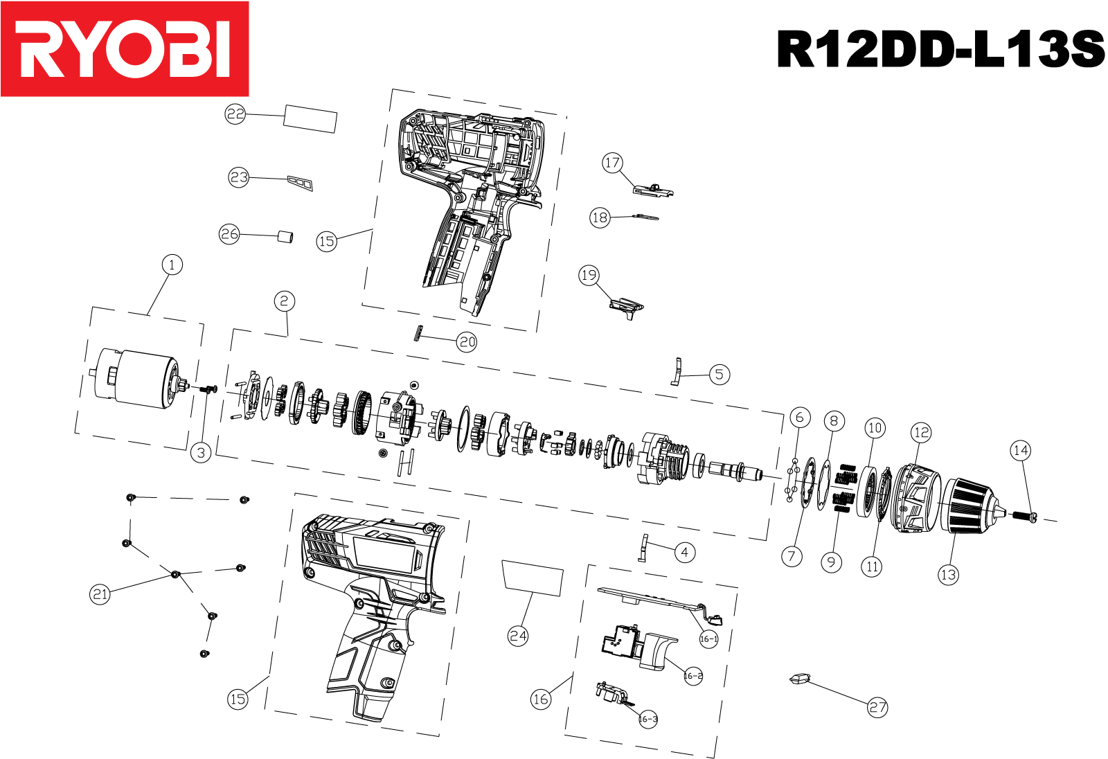 Vue éclatée Ryobi R12DDL13S 5133001801#1#01