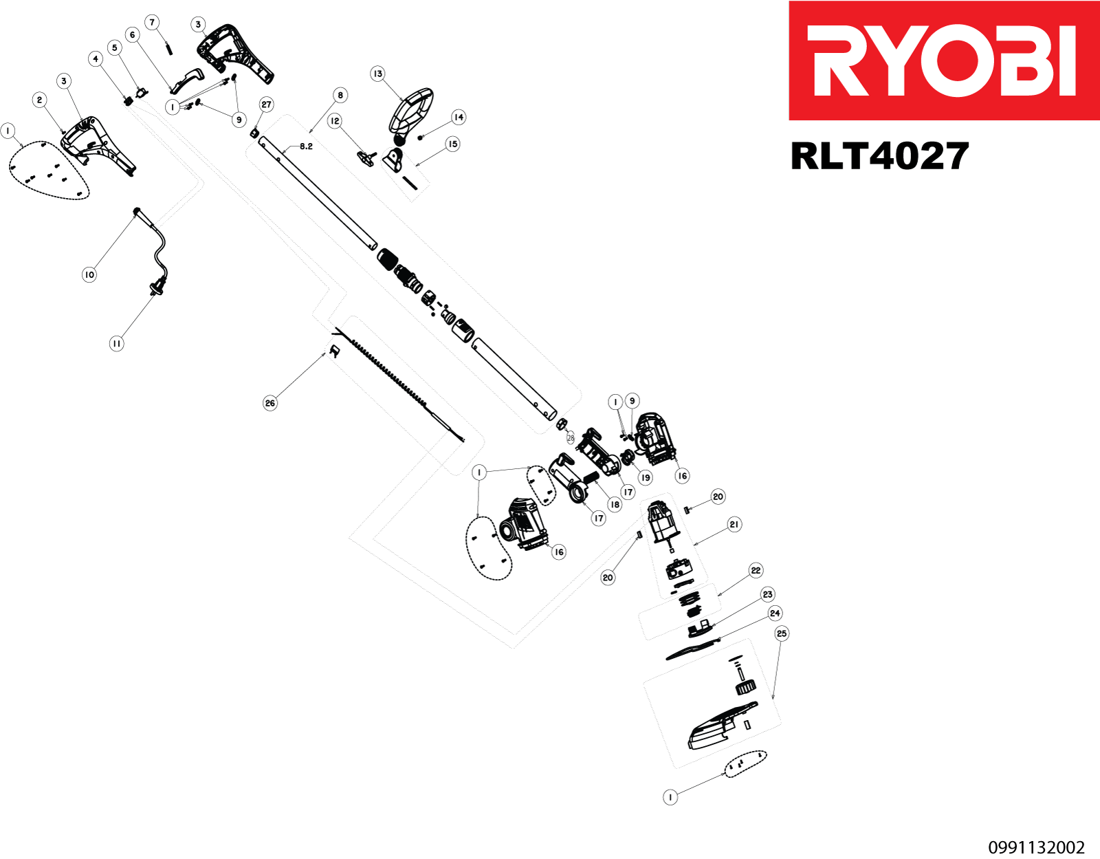 Vue éclatée Ryobi RLT4027 099113001#01
