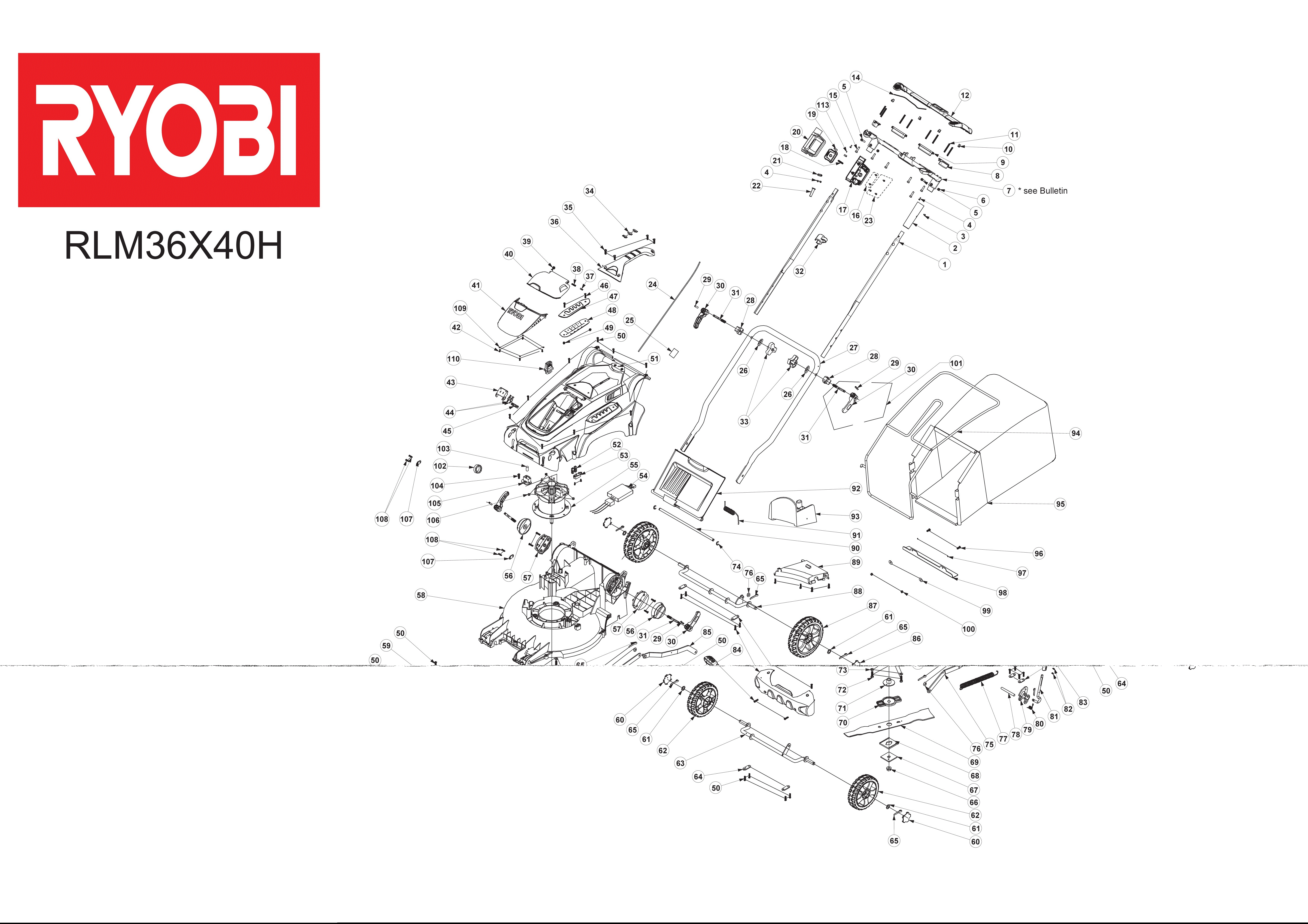 Vue éclatée Ryobi RLM36X40H 099700001#01