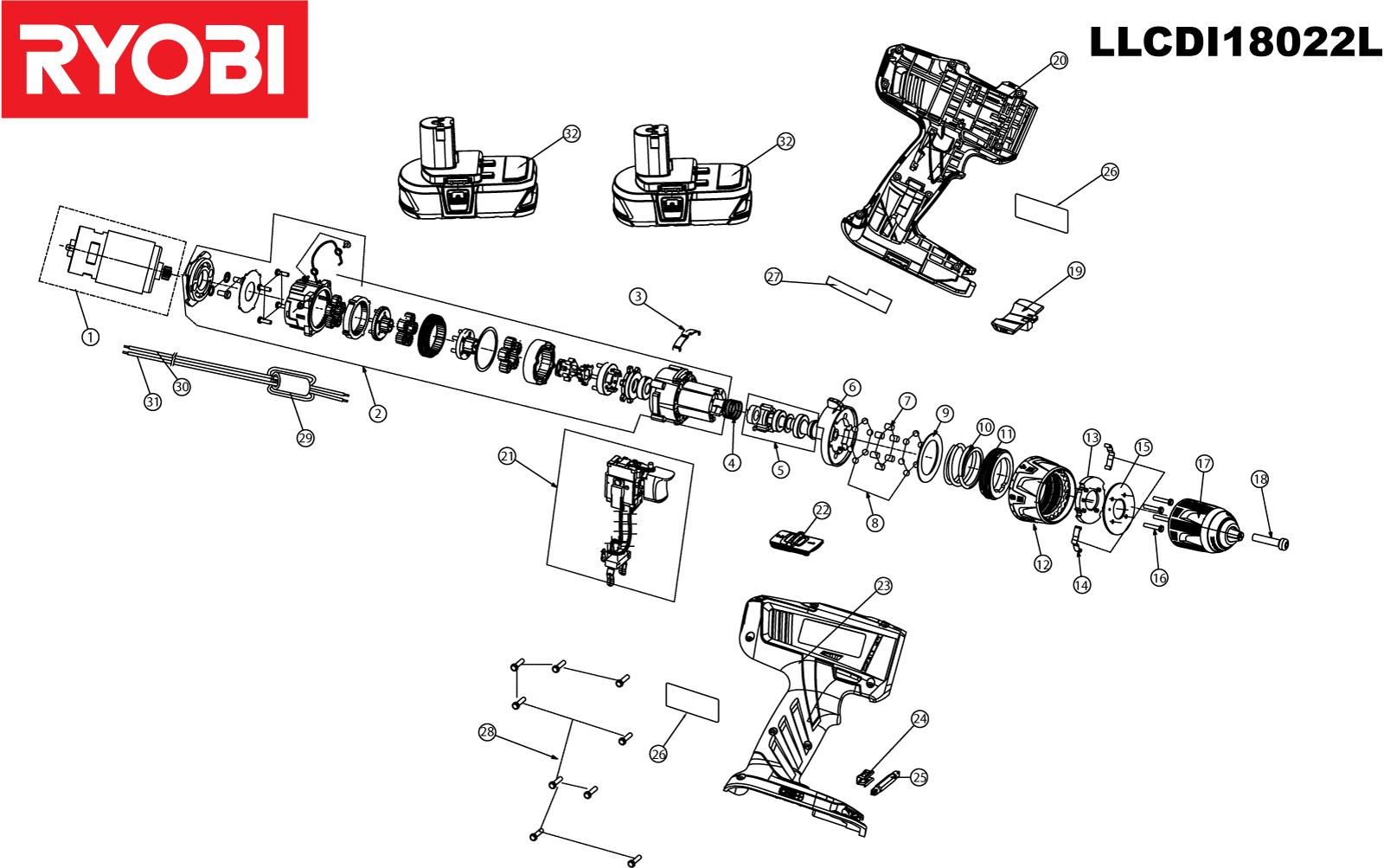 Vue éclatée Ryobi LLCDI18022LX 5133001949#1#01