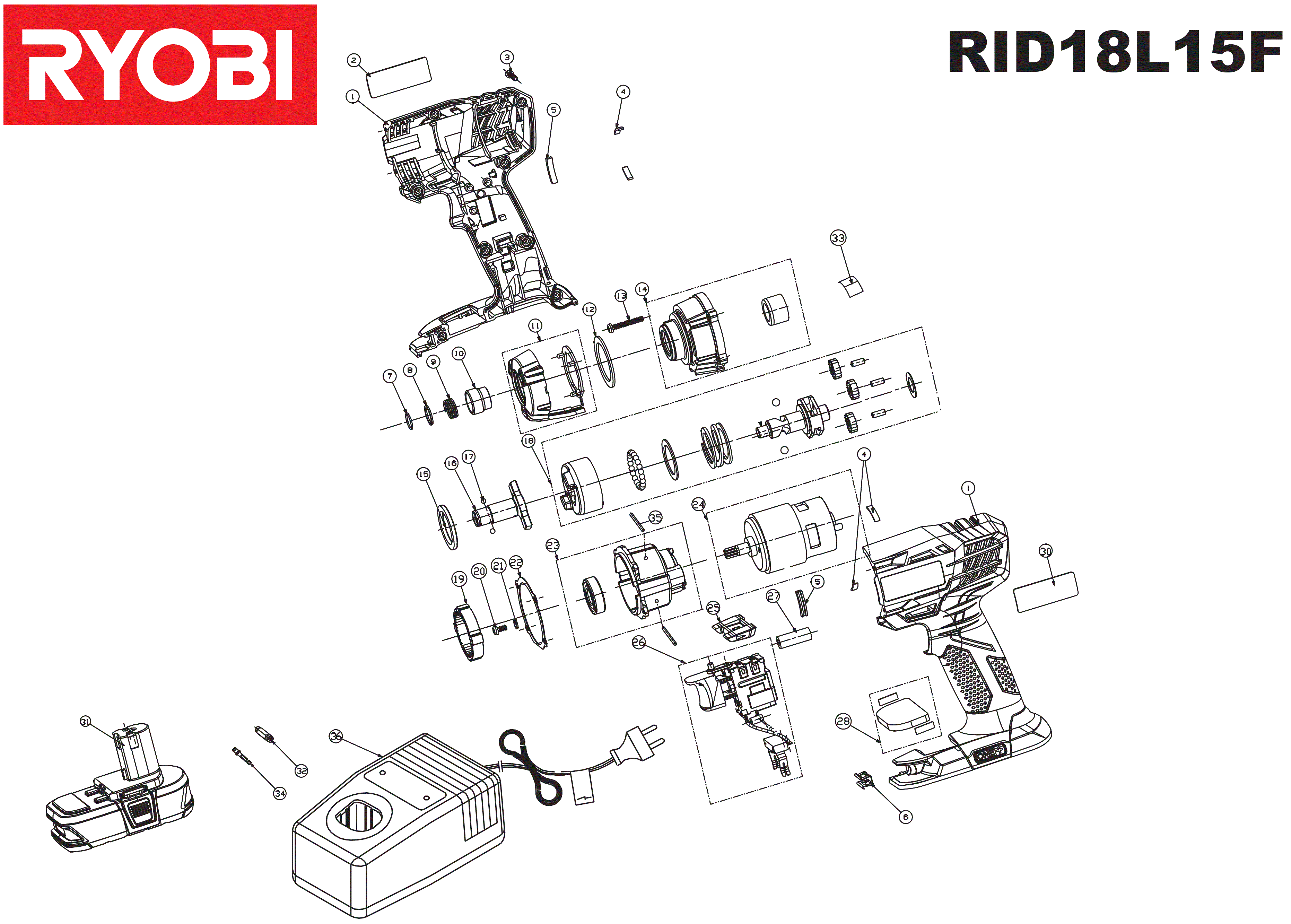 Vue éclatée Ryobi RID18011L 4000444052#01