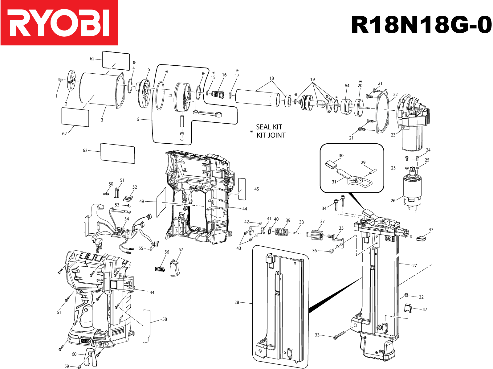 Vue éclatée Ryobi R18N18G-0 4000444463#01