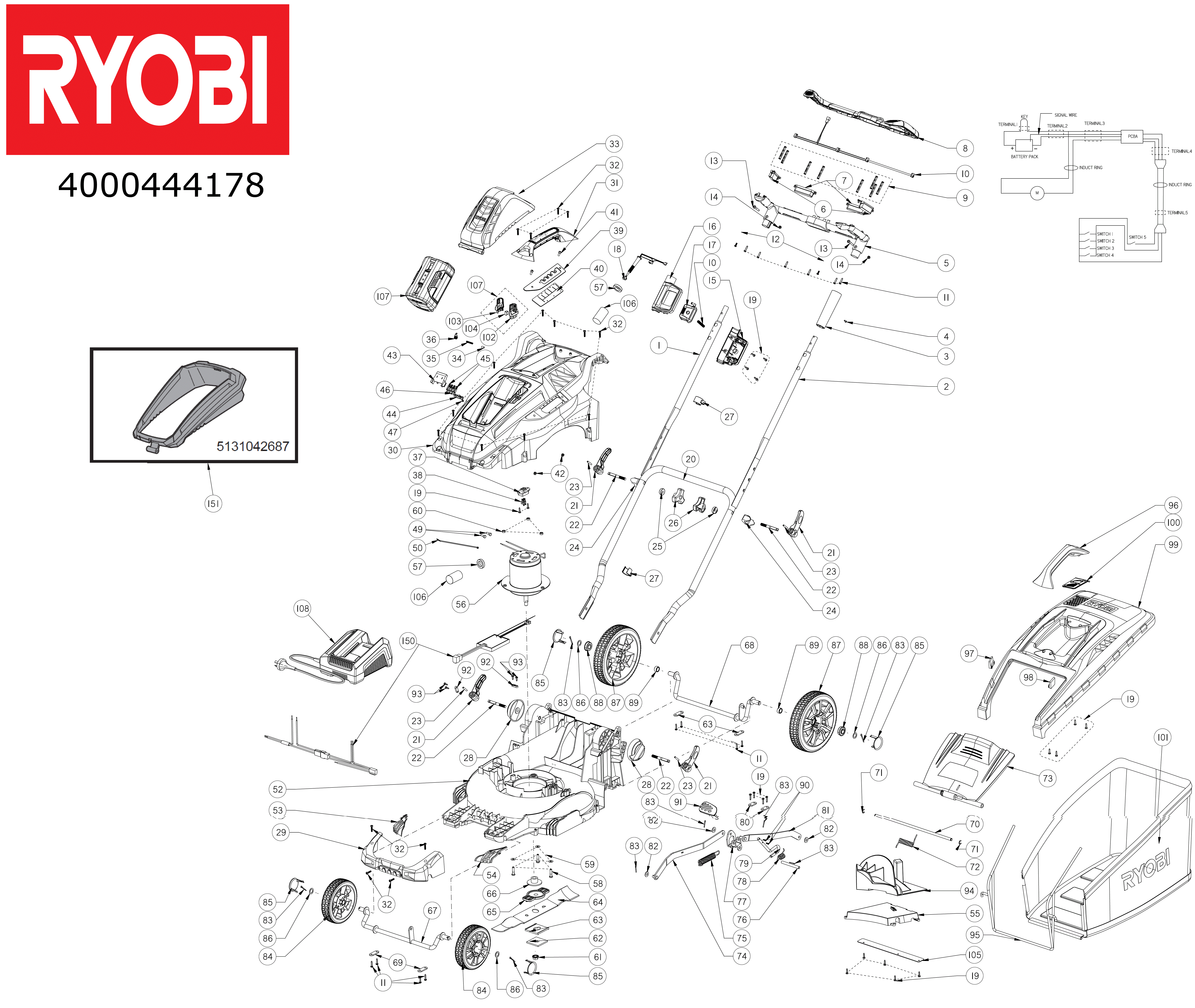 Vue éclatée Ryobi RLM36X40H40_=_B 4000444178#01