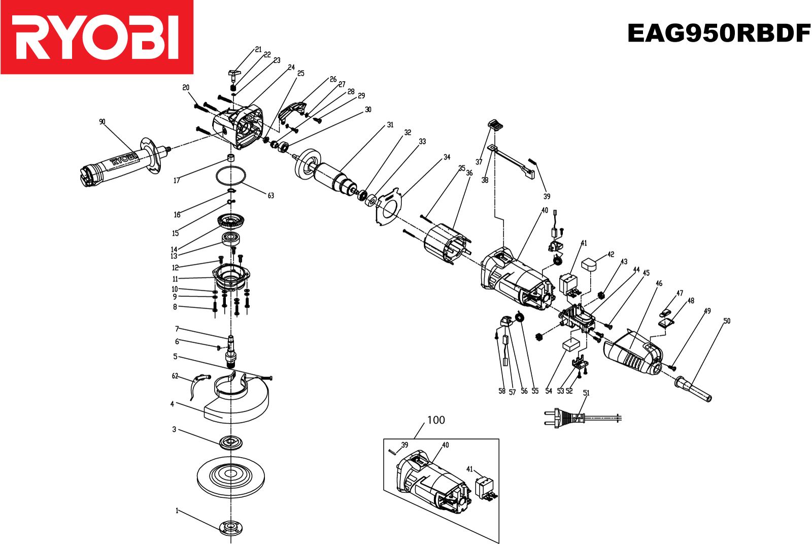 Vue éclatée Ryobi EAG950RBDF 4000444329#01