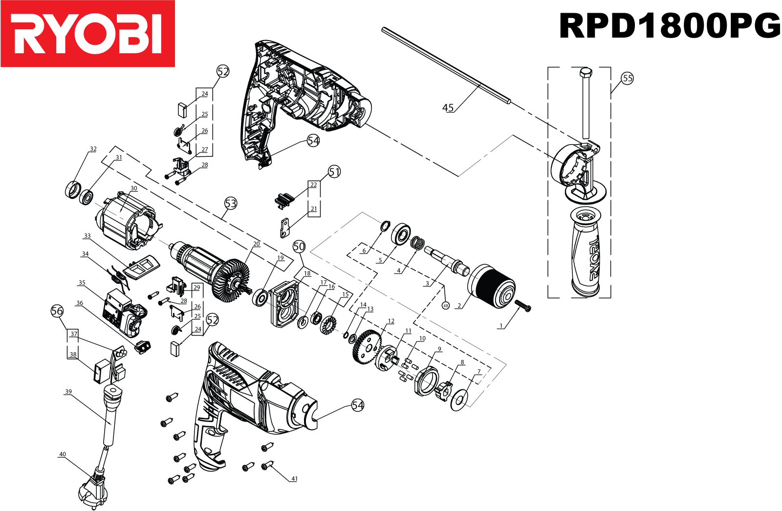 Vue éclatée Ryobi RPD1800P-G 5133002318#1#01