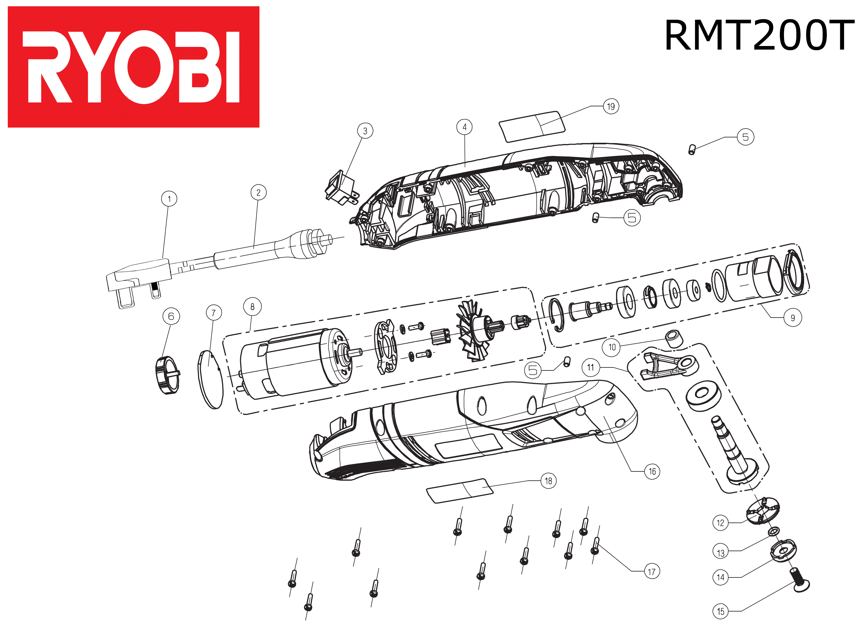 Vue éclatée Ryobi RMT200-T(B+Q_VERSION) 4000444005#01