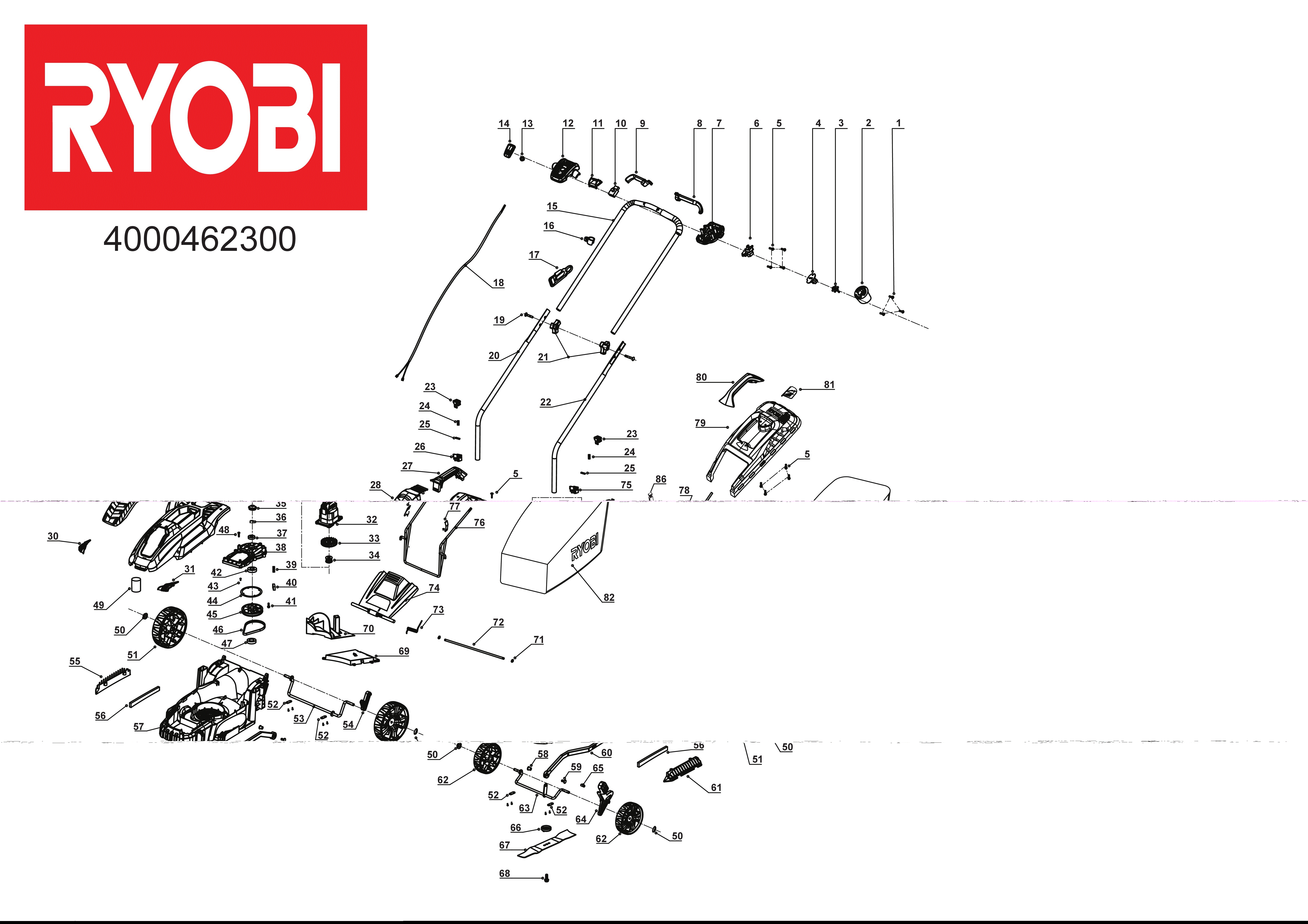 Vue éclatée Ryobi RLM13E33S_1300W_33CM 4000462300#01