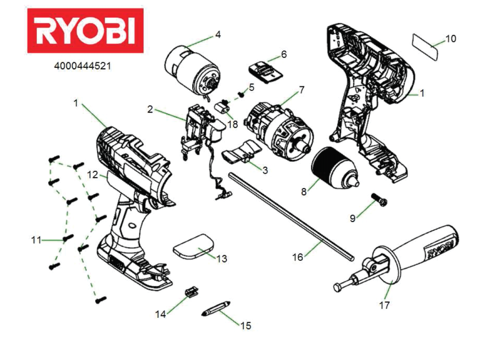 Vue éclatée Ryobi R18PD-LL25T_18V__EU 4000444521#01