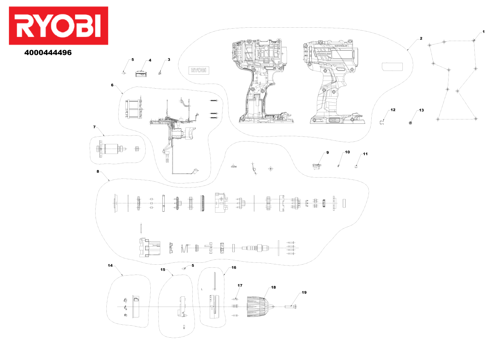 Vue éclatée Ryobi R18PDBL-LL50S_UK 4000444496#01