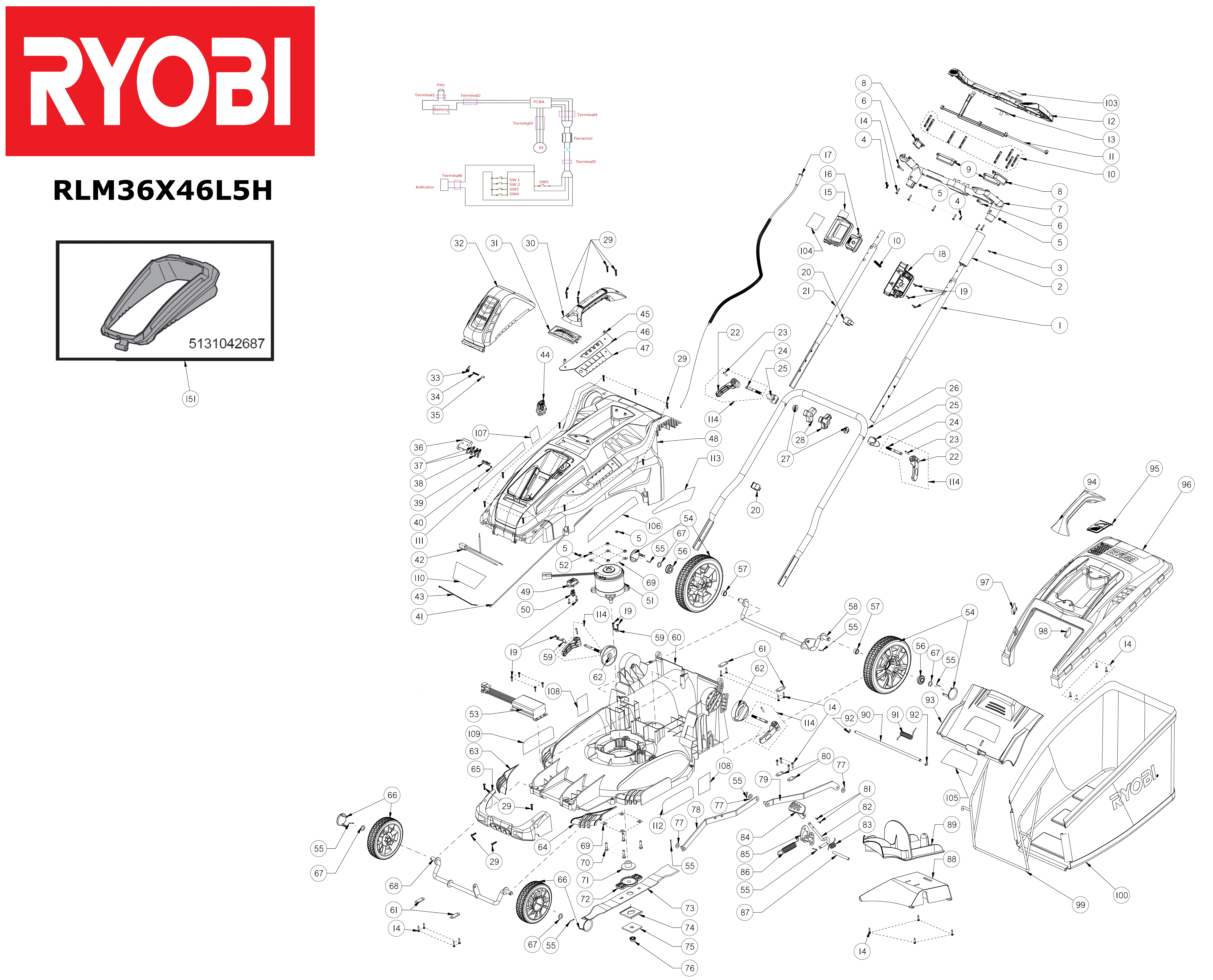 Vue éclatée Ryobi RLM36X46L5H 4000444179B#01