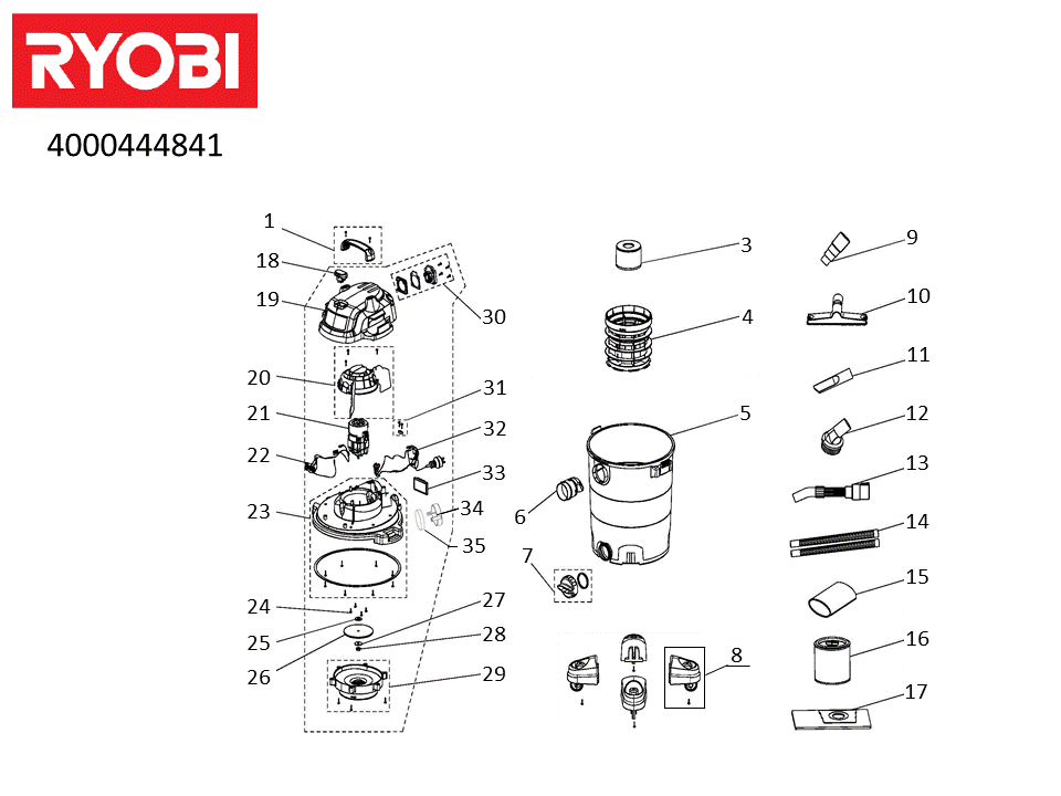 Vue éclatée Ryobi RVC-1430PPT-G 4000444841#01