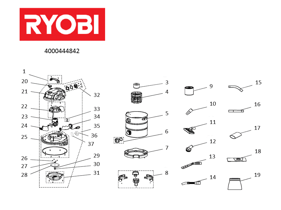 Vue éclatée Ryobi RVC-1530IPT-G 4000444842#01