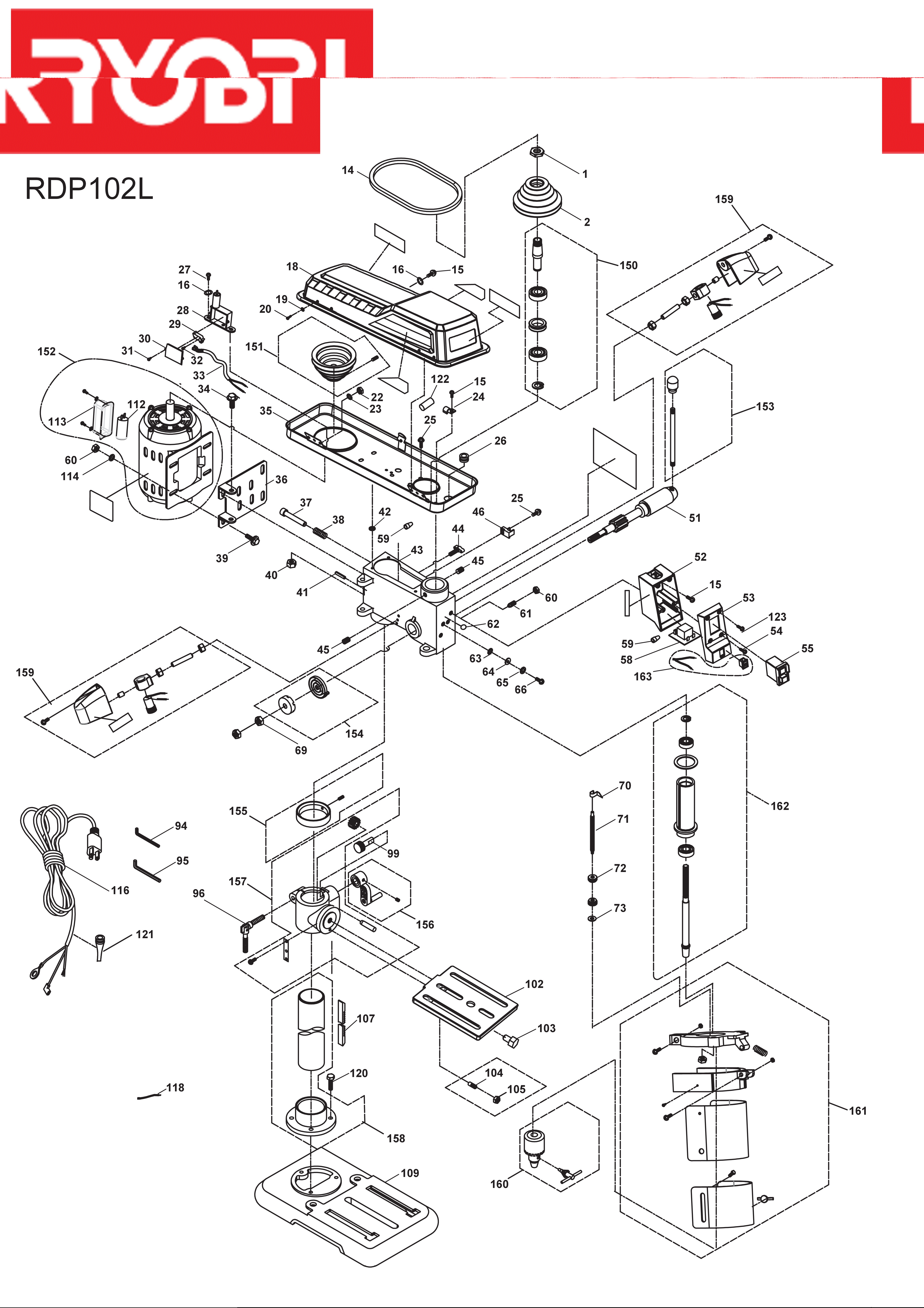 Vue éclatée Ryobi RDP102L 4000462046#01