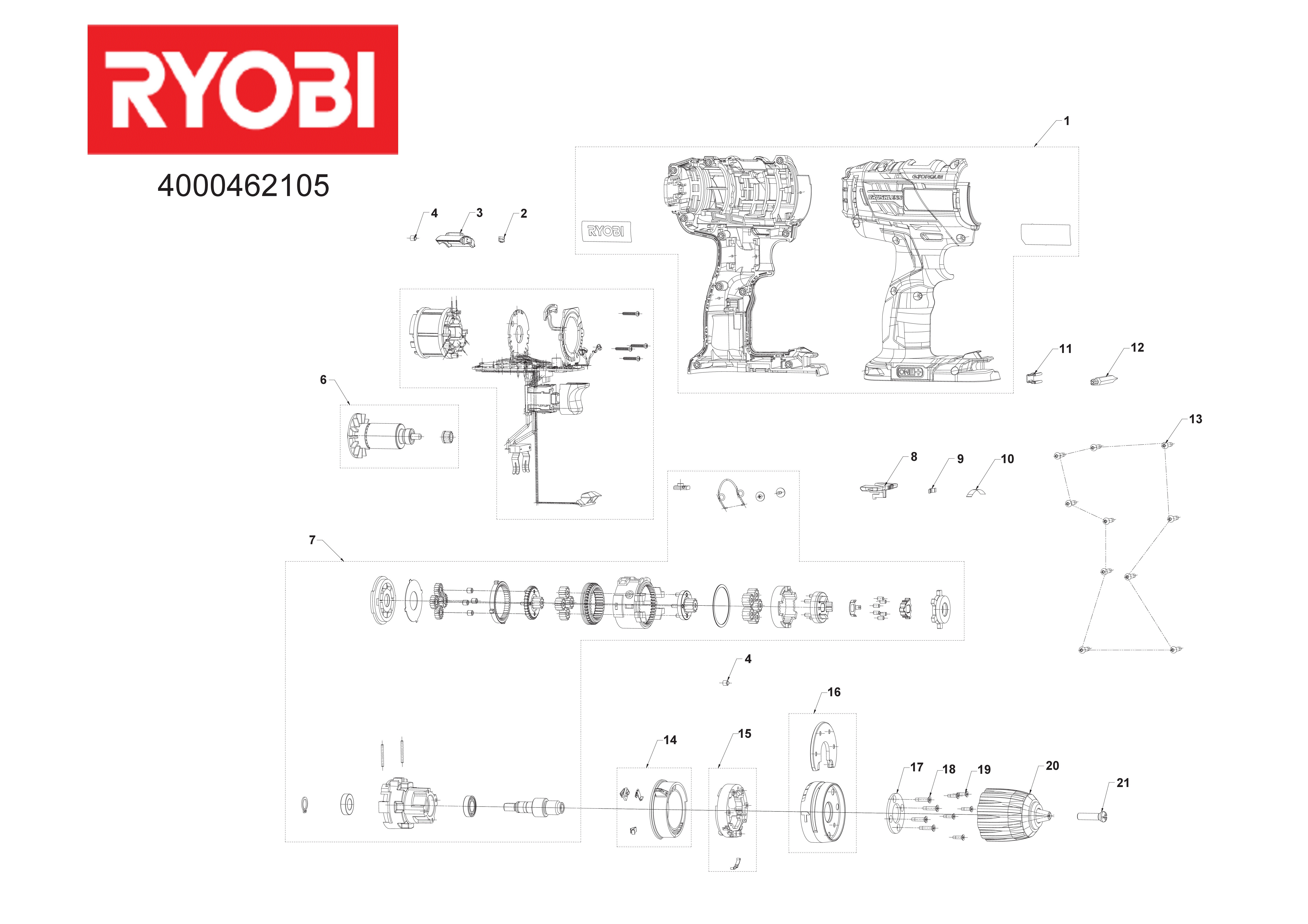 Vue éclatée Ryobi R18DDBL-LL20S 4000462105#01