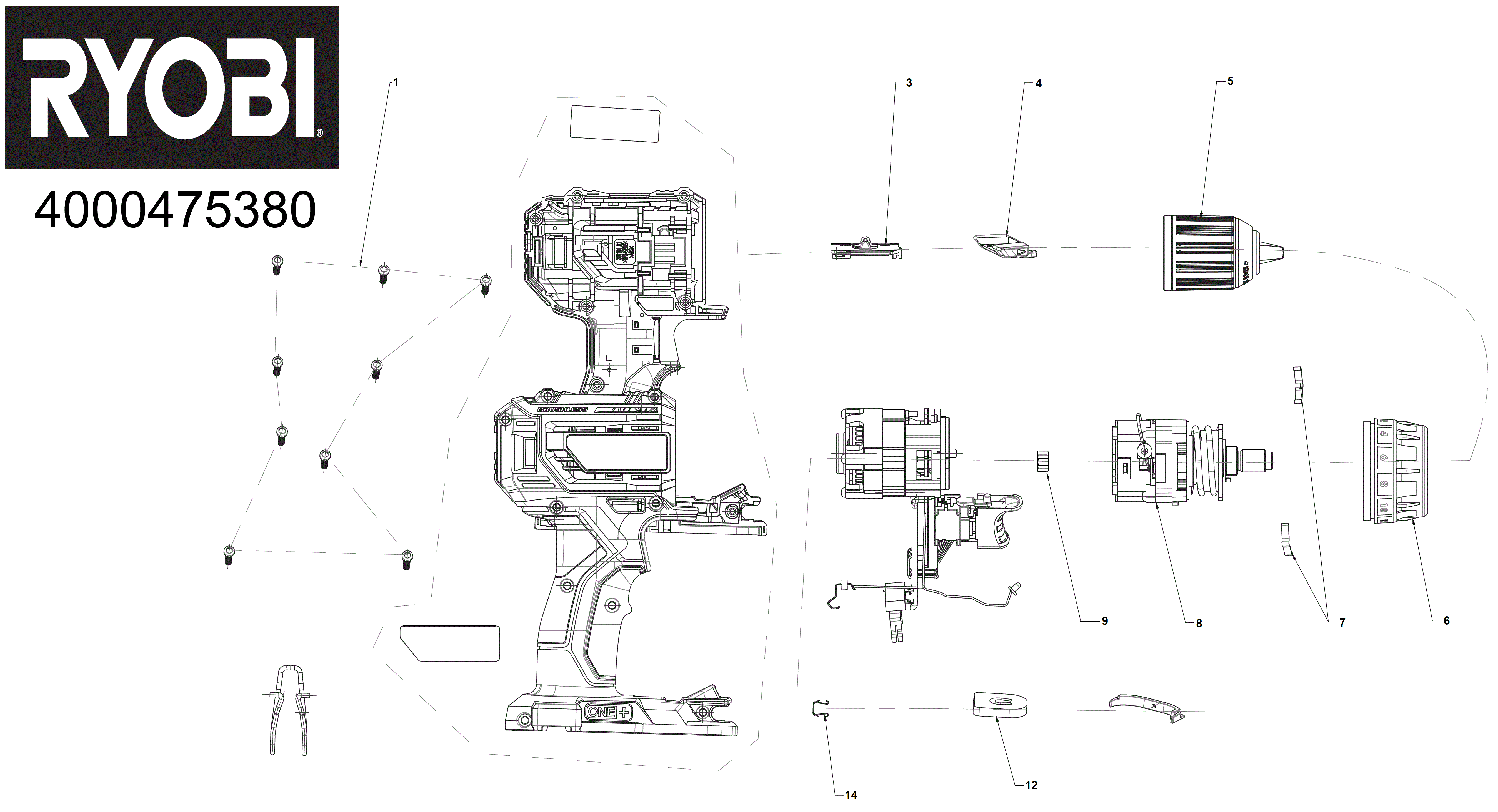 Vue éclatée Ryobi R18DD7-0 4000475380#01