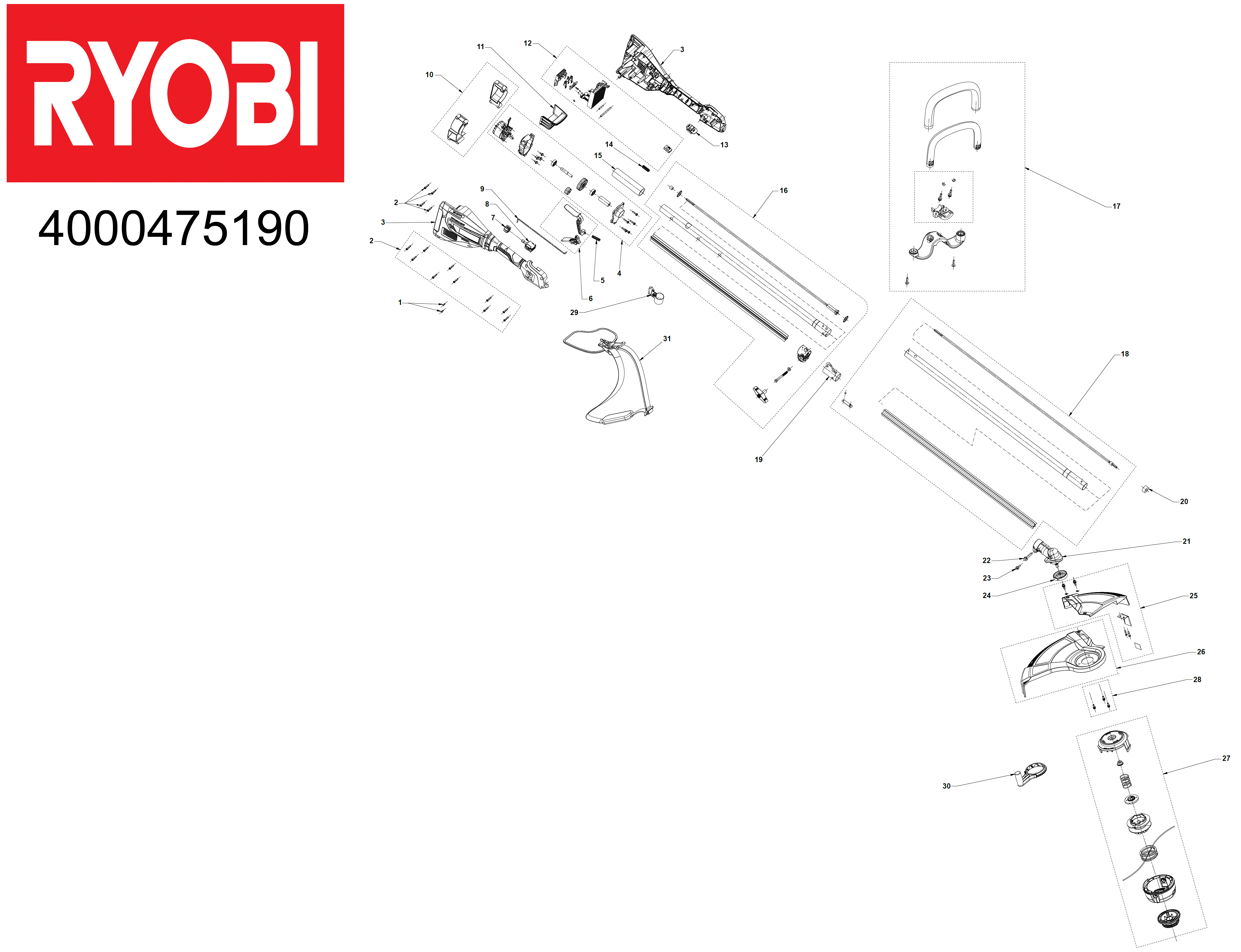 Vue éclatée Ryobi RY36ELTX33A-140 4000475190#01