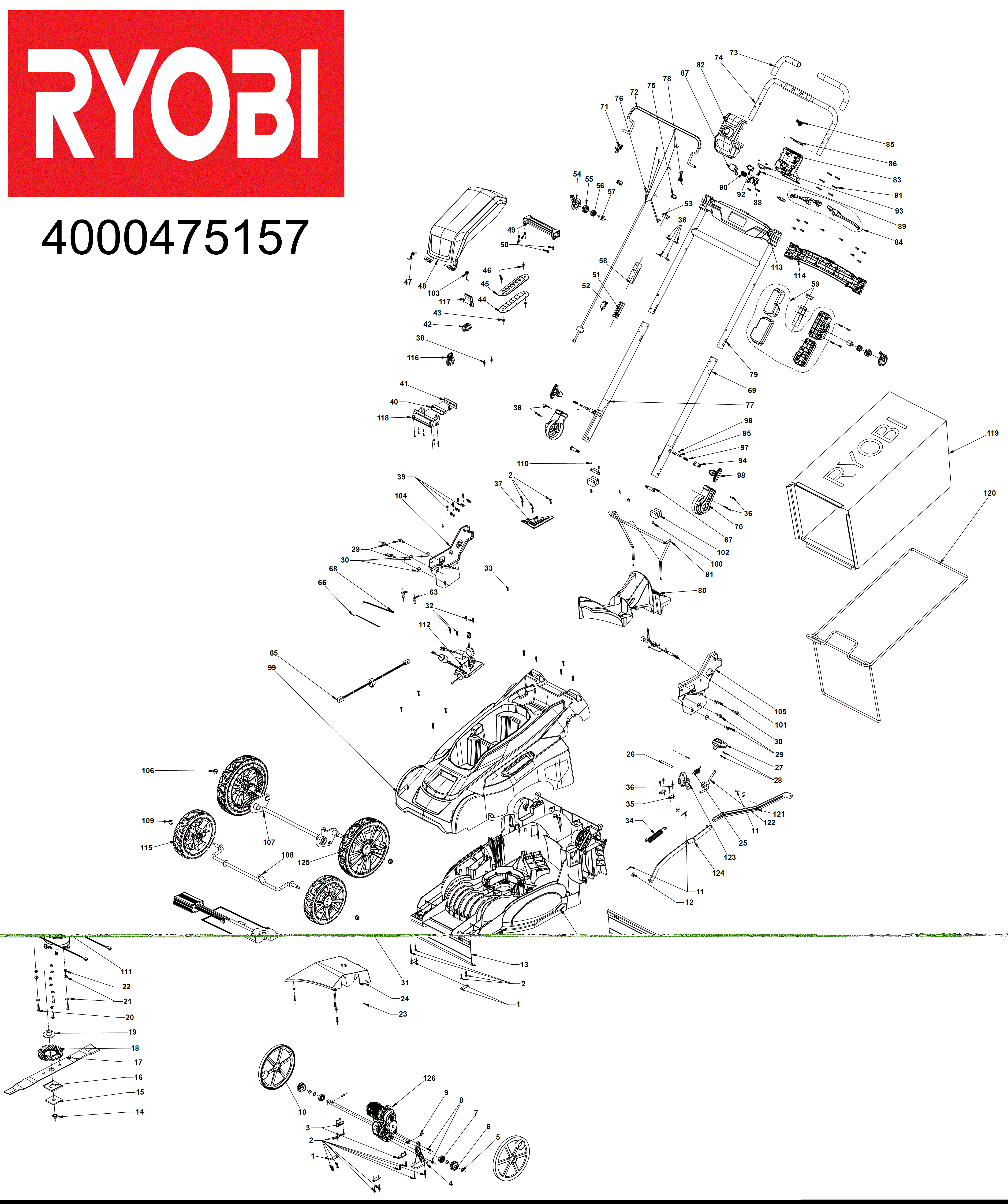 Vue éclatée Ryobi RY36LMX51A-160 4000475156#01