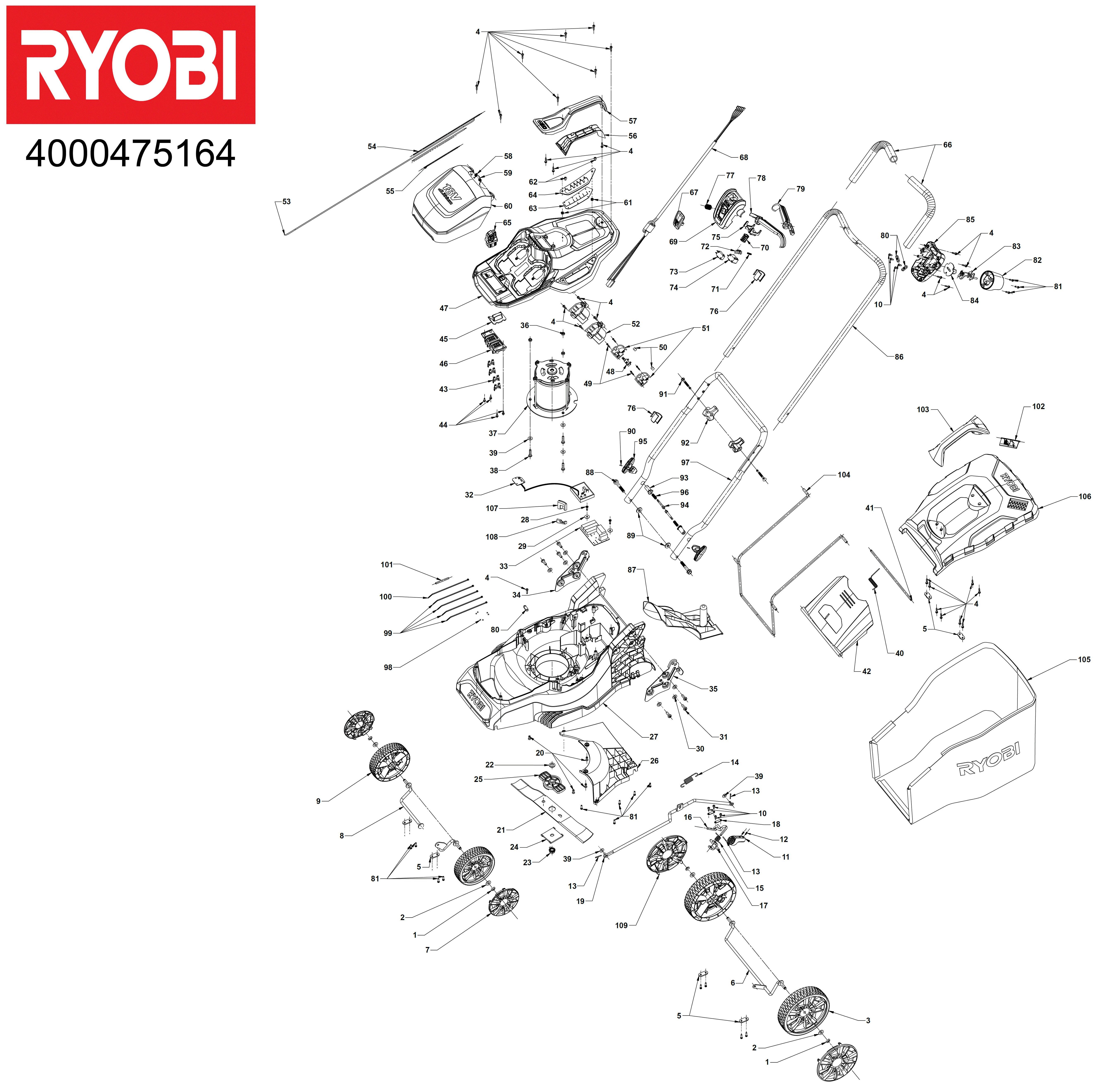 Vue éclatée Ryobi RY18LMH37A-225 4000475164#01