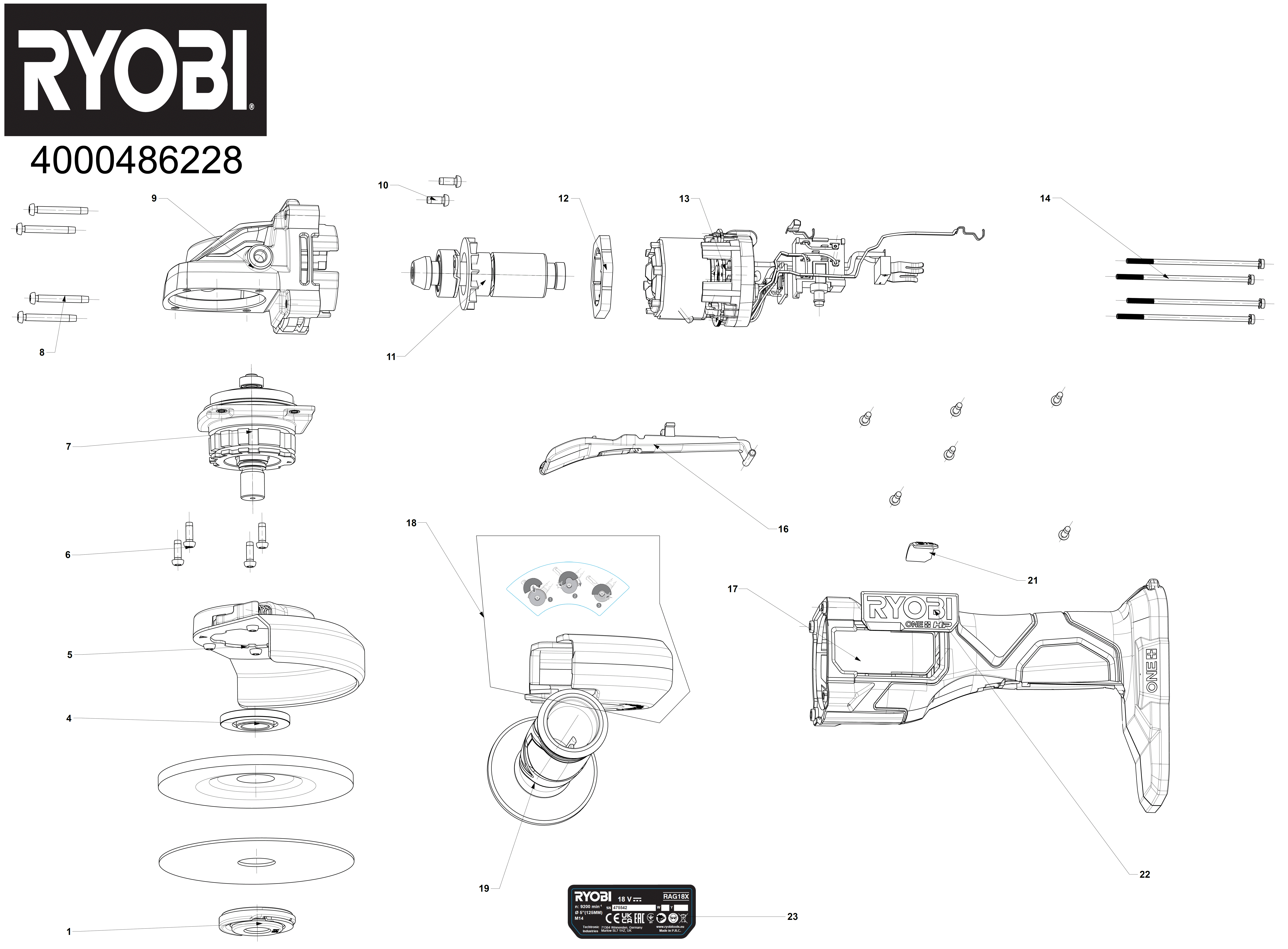 Vue éclatée Ryobi RAG18X-0 4000486228#01