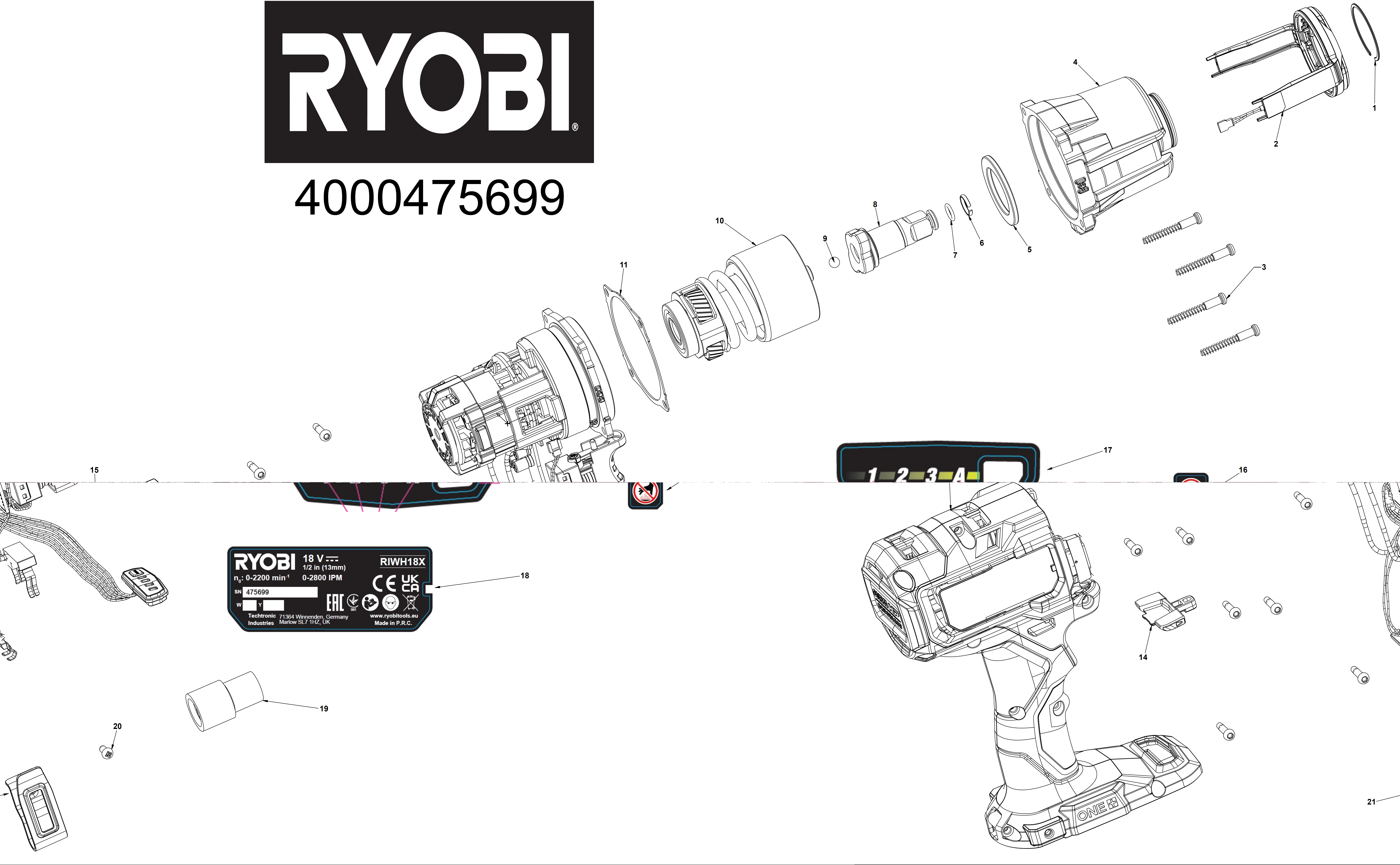 Vue éclatée Ryobi RIWH18X-0 4000475699#01