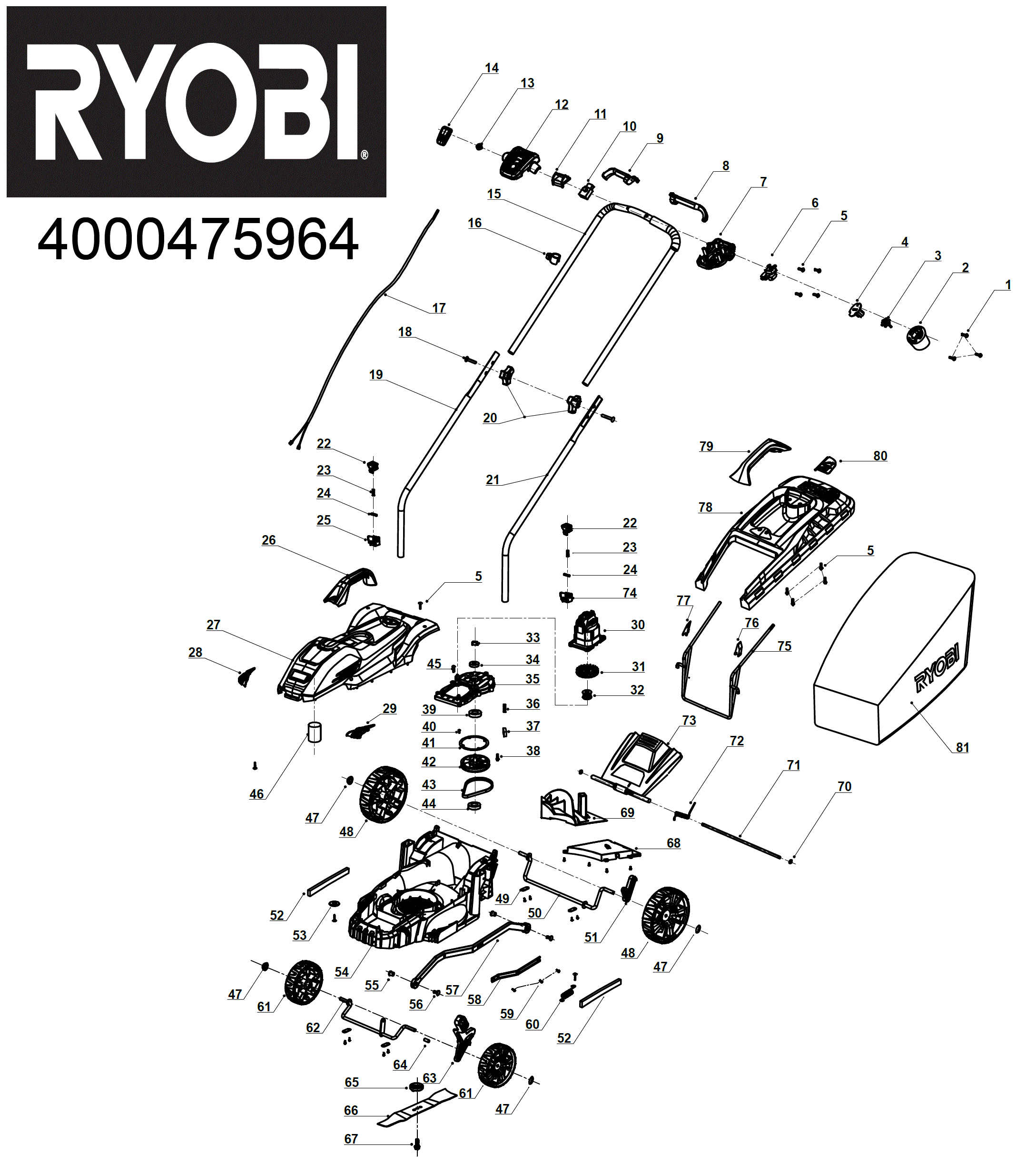 Vue éclatée Ryobi RLM3313A 4000475964#01