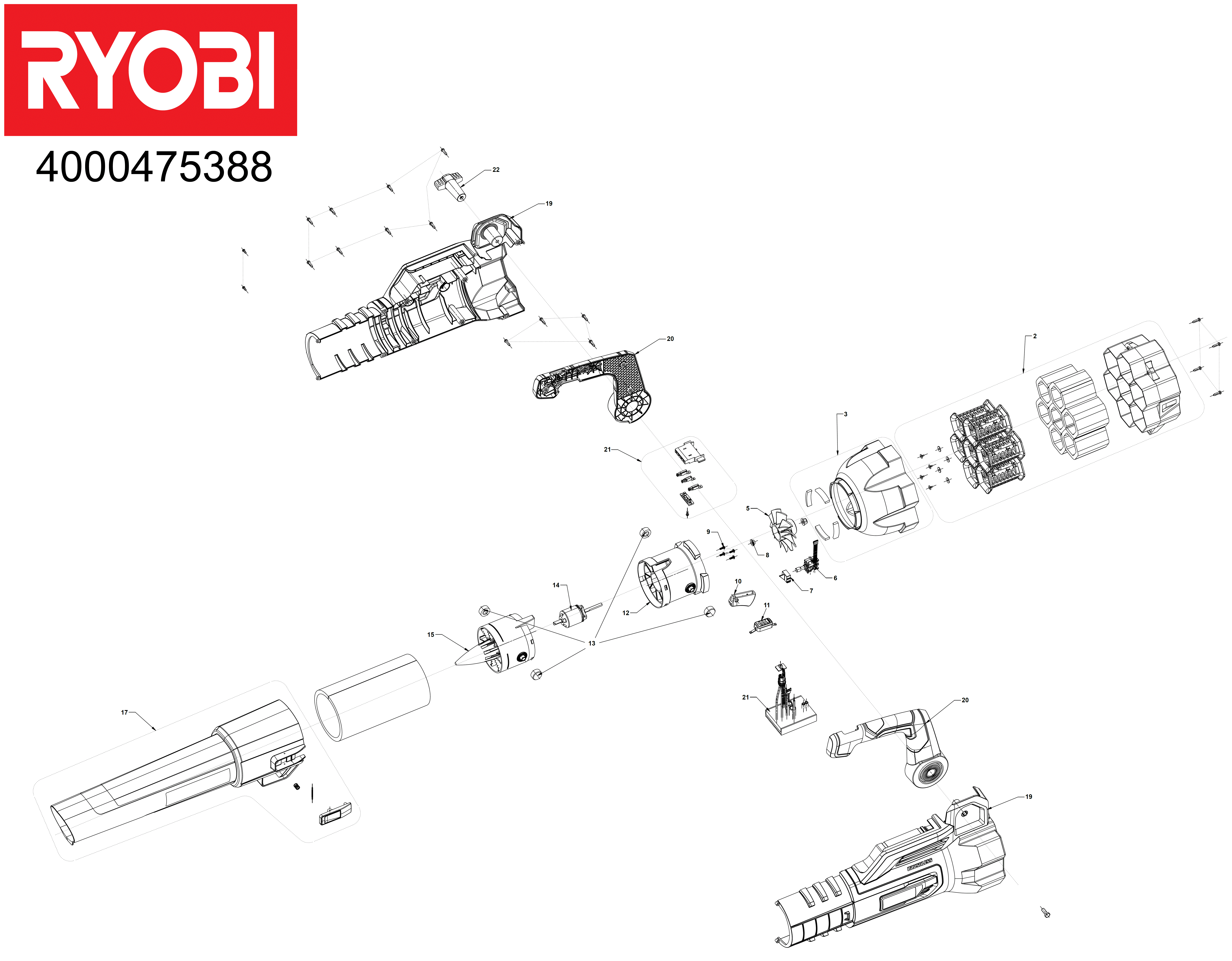 Vue éclatée Ryobi RY36BLXA-140P 4000475388#01