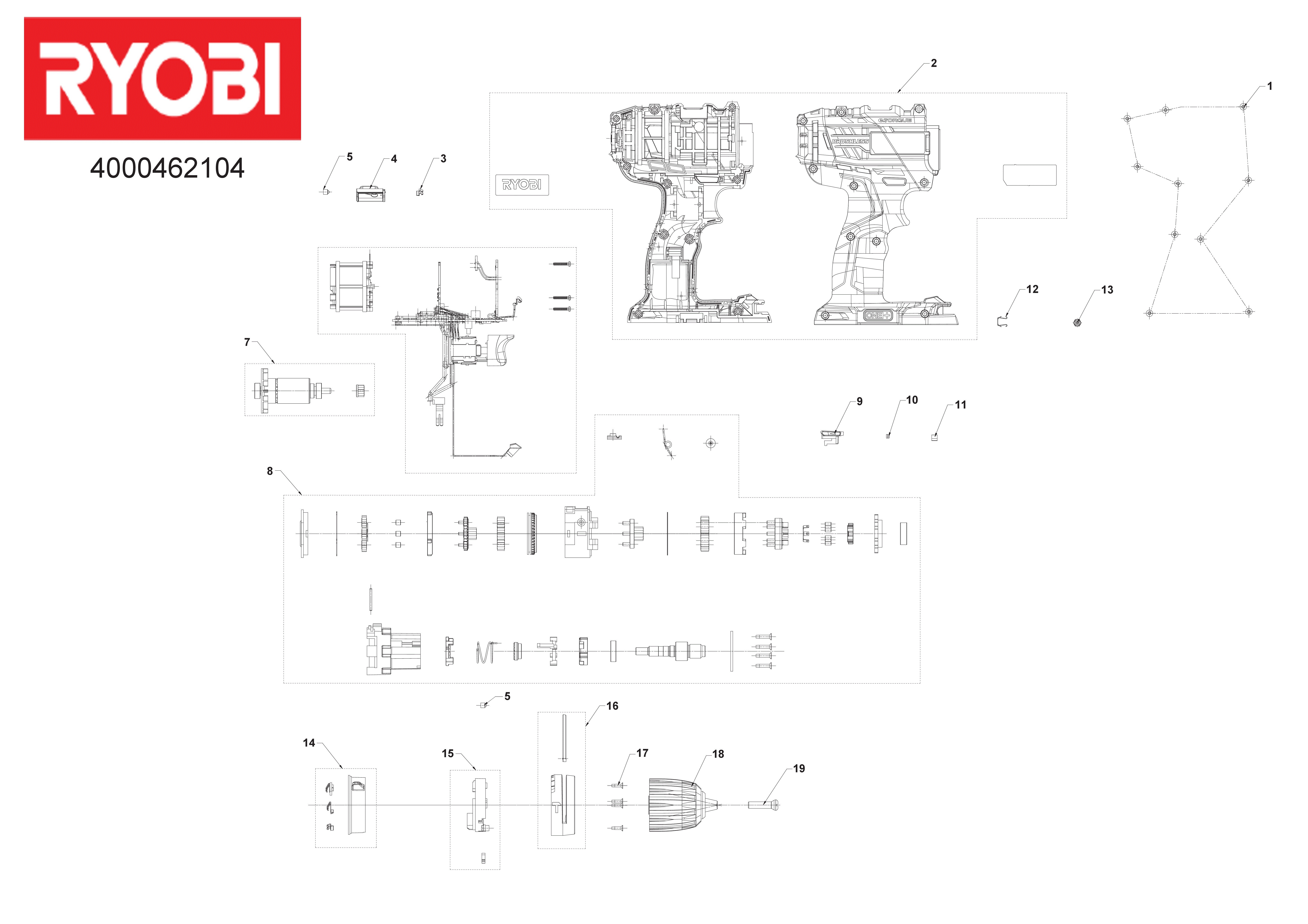Vue éclatée Ryobi R18PDBL-252VTT 4000462104#01