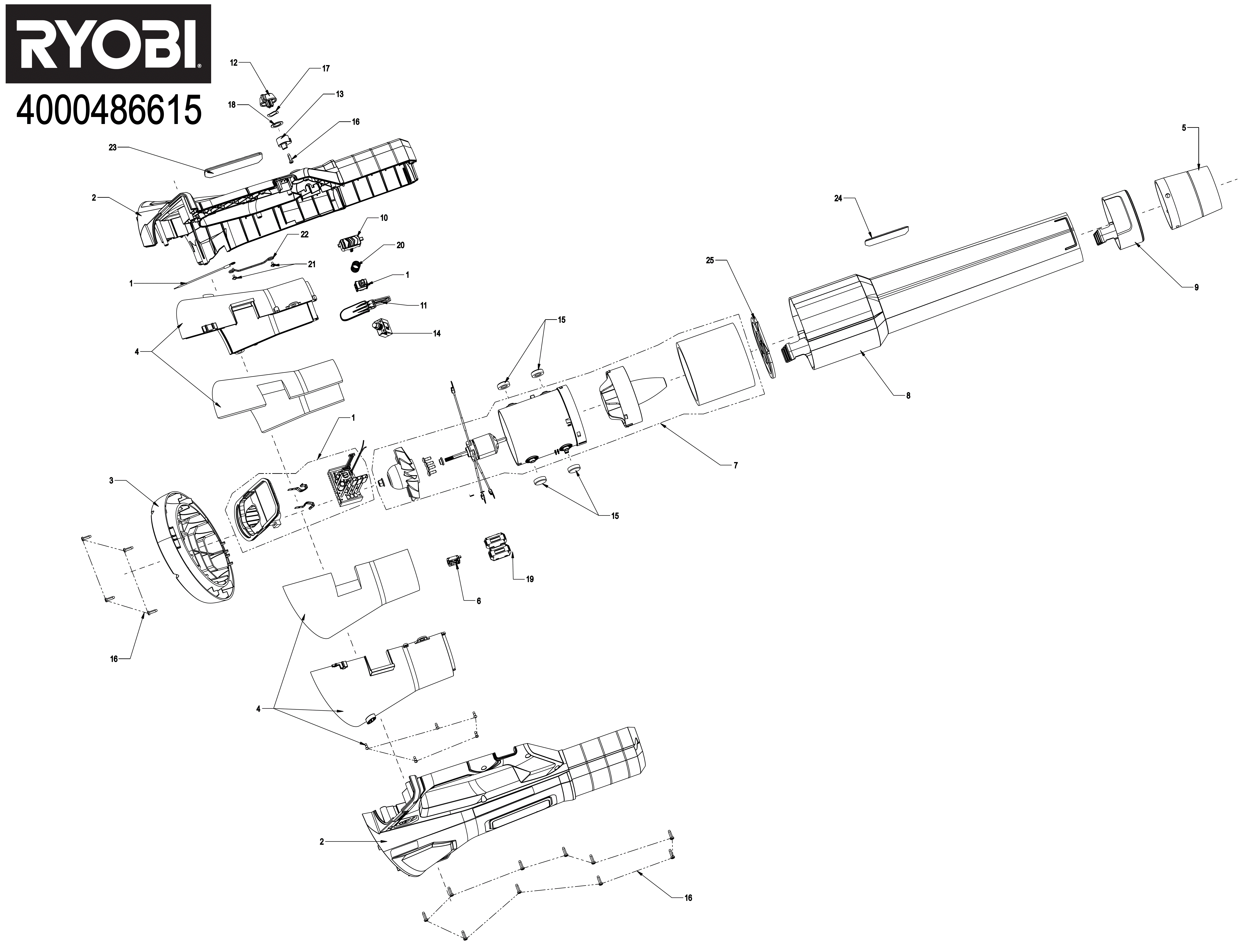 Vue éclatée Ryobi RY18BLXD-150 4000486615#01