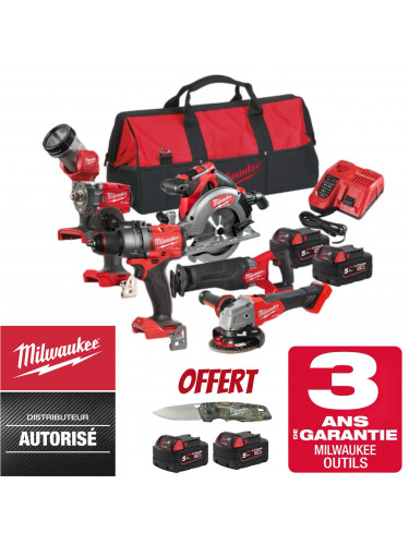 PACK MACHINES MILWAUKEE 18V + PERCEUSE VISSEUSE + CLE A CHOCS + SCIE CIRCULAIRE BOIS + SCIE SABRE + MEULEUSE + LAMPE TORCH LED M18 FPP6F3-502B - 4X5 AH 4933480875