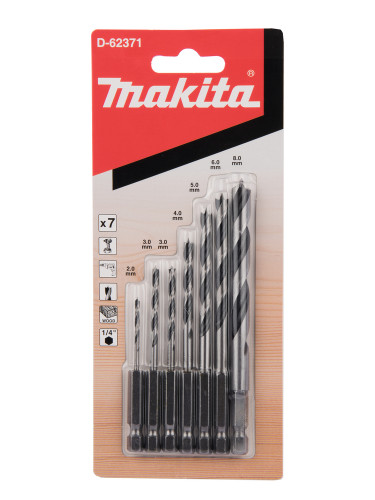 Ensemble 7 mèches à bois hélicoïdales, emmanchement hexa 1/4'' Makita