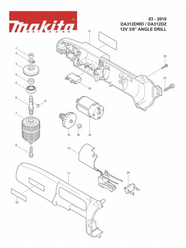 PIECES DETACHEES PERCEUSE VISSEUSE D'ANGLE MAKITA DA 312 DWD