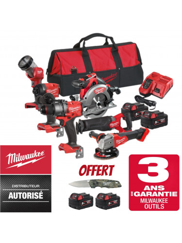 PACK MACHINES MILWAUKEE 18V + PERCEUSE VISSEUSE + VISSEUSE A CHOCS + SCIE CIRCULAIRE BOIS + SCIE SABRE + MEULEUSE + LAMPE TORCH LED M18 FPP6E3-502B - 4X5 AH 4933480874